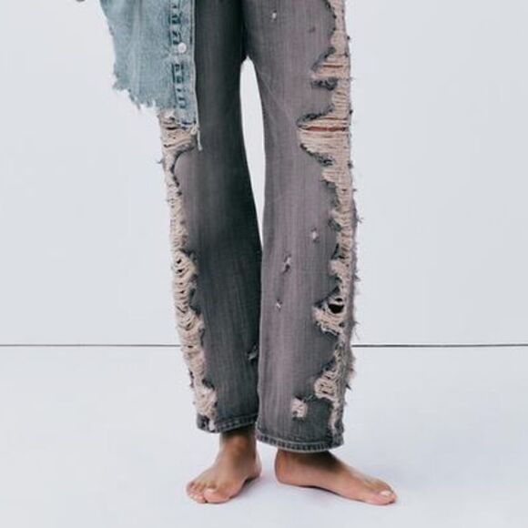 ZARA TRF MID-RISE WIDE LEG RIPPED JEANS - Picture 5 of 6